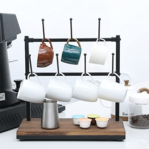 MyGift Rustic Burnt Wood and Black Metal Coffee Mug Holder Rack with 7 Hooks, Tabletop Coffee Bar Accessories Stand