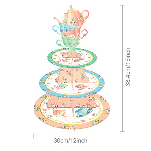 CC HOME Tea Party Cupcake Stand 3 Tier Tea Party Party Supplies Cake Stand for Kids Birthday Party Decorations Tea Party Theme Party Baby Shower Birthday Party Supplies