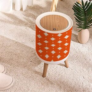 Small Trash Can with Lid White Ikat Geometric Folklore Ornament with Diamonds on Orange Tribal Round Recycle Bin Press Top Dog Proof Wastebasket for Kitchen Bathroom Bedroom Office 7L/1.8 Gallon