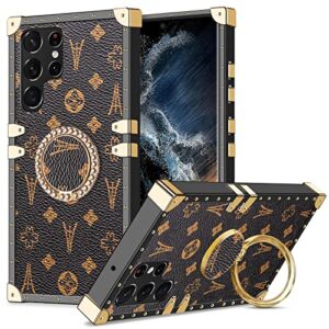 wollony for galaxy s22 ultra square leather case with kickstand ring stand holder luxury retro case for women girls metal edges shockproof protective cover for samsung galaxy s22 ultra 6.8'' brown