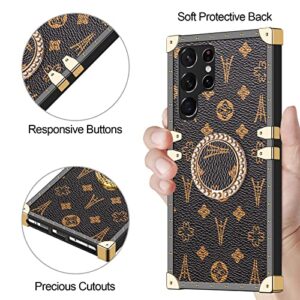 WOLLONY for Galaxy S22 Ultra Square Leather Case with Kickstand Ring Stand Holder Luxury Retro Case for Women Girls Metal Edges Shockproof Protective Cover for Samsung Galaxy S22 Ultra 6.8'' Brown