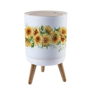 small trash can with lid sunflower seamless watercolor horizontal border yellow rural flowers round recycle bin press top dog proof wastebasket for kitchen bathroom bedroom office 7l/1.8 gallon