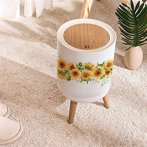 Small Trash Can with Lid Sunflower Seamless Watercolor Horizontal Border Yellow Rural Flowers Round Recycle Bin Press Top Dog Proof Wastebasket for Kitchen Bathroom Bedroom Office 7L/1.8 Gallon