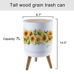 Small Trash Can with Lid Sunflower Seamless Watercolor Horizontal Border Yellow Rural Flowers Round Recycle Bin Press Top Dog Proof Wastebasket for Kitchen Bathroom Bedroom Office 7L/1.8 Gallon