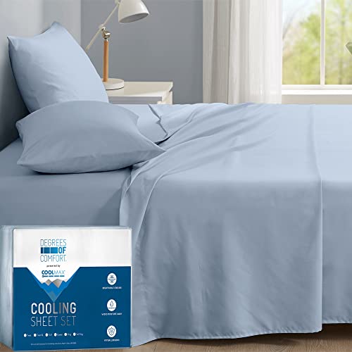 Degrees of Comfort Coolmax Cooling Sheets Set for Full Size Bed, Moisture Wicking for Night Sweats Best Comfort, Cool Sheets for Hot Sleepers During Warm Weather with Deep Pocket 4PC Light Blue