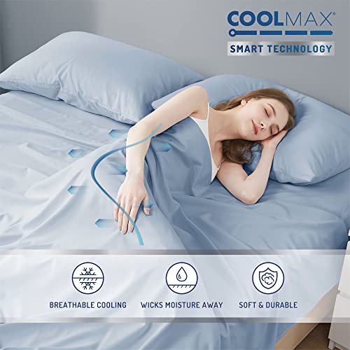 Degrees of Comfort Coolmax Cooling Sheets Set for Full Size Bed, Moisture Wicking for Night Sweats Best Comfort, Cool Sheets for Hot Sleepers During Warm Weather with Deep Pocket 4PC Light Blue