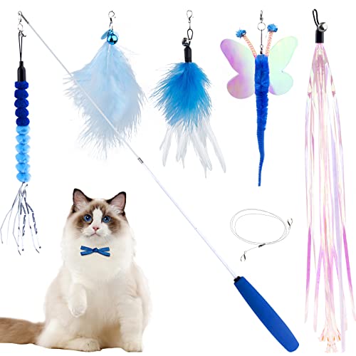 iKOIHO Cat Wand Toy for Indoor Cats 6PCS Fairy Feather Cat Toys with Retractable Fishing Pole Replaceable Feather Attachments Dragonfly Tassel Worm with Bells Cat String Kitten Toy Gift (Blue)