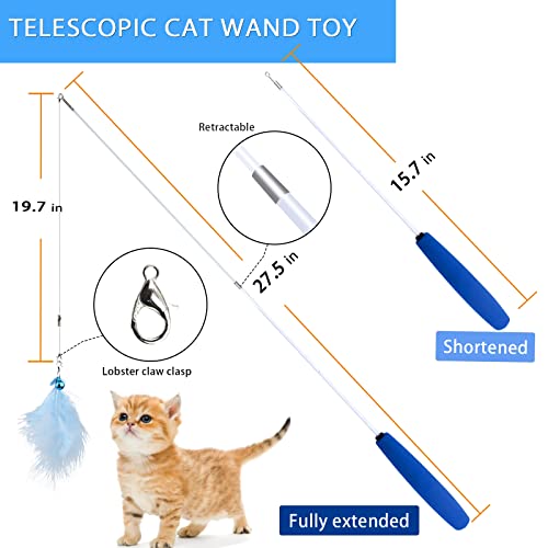 iKOIHO Cat Wand Toy for Indoor Cats 6PCS Fairy Feather Cat Toys with Retractable Fishing Pole Replaceable Feather Attachments Dragonfly Tassel Worm with Bells Cat String Kitten Toy Gift (Blue)