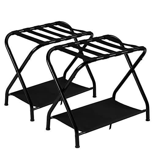 Heybly Luggage Rack,Pack of 2,Steel Folding Suitcase Stand with Storage Shelf for Guest Room Bedroom Hotel,Black,HLR002B2