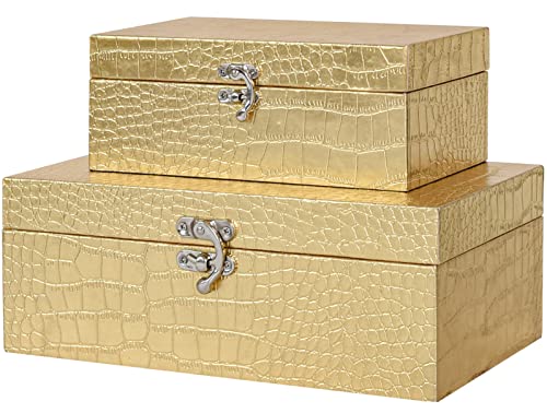 JUMBO HUMBLE Set of 2 Wooden Decorative Nesting Storage Boxes, Gold Crocodile Leather with Clasp for Home Kitchen Living Room, Ideal Gift for Wedding Memories Jewelry Trinket