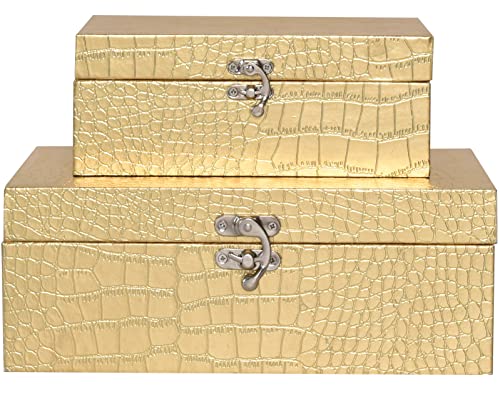 JUMBO HUMBLE Set of 2 Wooden Decorative Nesting Storage Boxes, Gold Crocodile Leather with Clasp for Home Kitchen Living Room, Ideal Gift for Wedding Memories Jewelry Trinket