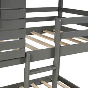 MERITLINE Twin Over Twin Bunk House Bed, Solid Wood Bunk Bed Frame with Roof,Window,Guardrail,Ladder for Toddlers, Kids, Teens, No Box Spring Needed (Grey)