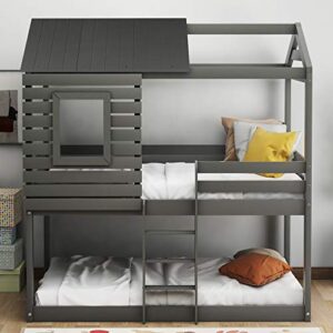 meritline twin over twin bunk house bed, solid wood bunk bed frame with roof,window,guardrail,ladder for toddlers, kids, teens, no box spring needed (grey)