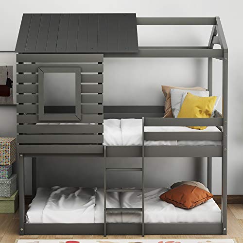 MERITLINE Twin Over Twin Bunk House Bed, Solid Wood Bunk Bed Frame with Roof,Window,Guardrail,Ladder for Toddlers, Kids, Teens, No Box Spring Needed (Grey)