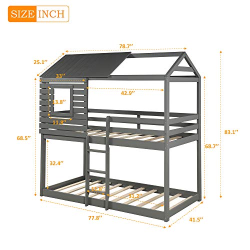 MERITLINE Twin Over Twin Bunk House Bed, Solid Wood Bunk Bed Frame with Roof,Window,Guardrail,Ladder for Toddlers, Kids, Teens, No Box Spring Needed (Grey)