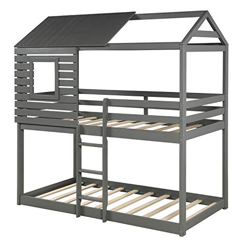 MERITLINE Twin Over Twin Bunk House Bed, Solid Wood Bunk Bed Frame with Roof,Window,Guardrail,Ladder for Toddlers, Kids, Teens, No Box Spring Needed (Grey)