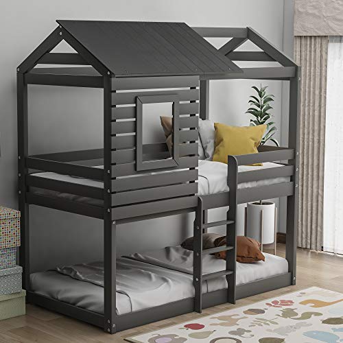 MERITLINE Twin Over Twin Bunk House Bed, Solid Wood Bunk Bed Frame with Roof,Window,Guardrail,Ladder for Toddlers, Kids, Teens, No Box Spring Needed (Grey)