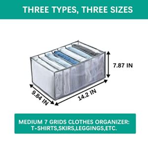 ZHIHE 3 Pack Wardrobe Clothes Organizer,7 Grids Washable Clothes Organizer Jeans Compartment Storage Box,Foldable Drawer Organizers for Legging,Jeans, Skirt,T-shirts,Underwear,Socks., Gray