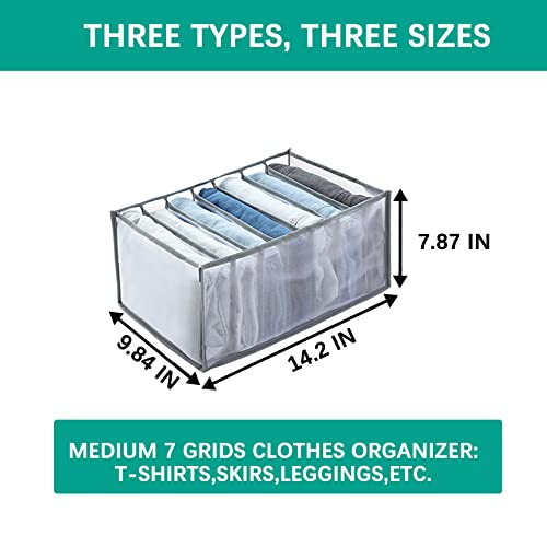 ZHIHE 3 Pack Wardrobe Clothes Organizer,7 Grids Washable Clothes Organizer Jeans Compartment Storage Box,Foldable Drawer Organizers for Legging,Jeans, Skirt,T-shirts,Underwear,Socks., Gray