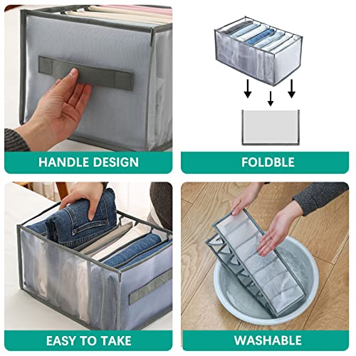 ZHIHE 3 Pack Wardrobe Clothes Organizer,7 Grids Washable Clothes Organizer Jeans Compartment Storage Box,Foldable Drawer Organizers for Legging,Jeans, Skirt,T-shirts,Underwear,Socks., Gray