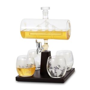 berkware ship in a bottle liquor dispenser - 34 oz crystal whiskey decanter set with tray with 4 globe glasses for scotch, vodka, gin, rum, tequila, cognac, bourbon