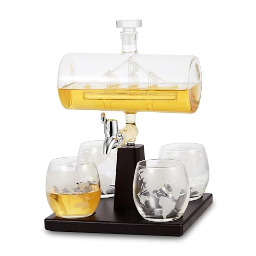 Berkware Ship In A Bottle Liquor Dispenser - 34 oz Crystal Whiskey Decanter Set with Tray with 4 Globe Glasses for Scotch, Vodka, Gin, Rum, Tequila, Cognac, Bourbon