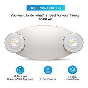 SPECTSUN 6 Packs LED Emergency Light with Battery Backup-Adjustable Hardwired 2 LED Bug Eye Head Wall Mount -UL Certified 120-22VAC White Emergency Exit Lighting Fixtures for Business/Home