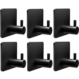 adhesive hooks heavy duty (6-pack), wall hanging hooks hangers for hat keys towel robe coats bathrobes, metal sticky black wall hook no drill easy to mount in bathroom office home kitchen closet