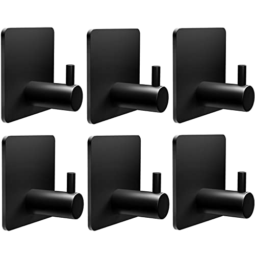 Adhesive Hooks Heavy Duty (6-Pack), Wall Hanging Hooks Hangers for Hat Keys Towel Robe Coats Bathrobes, Metal Sticky Black Wall Hook No Drill Easy to Mount in Bathroom Office Home Kitchen Closet