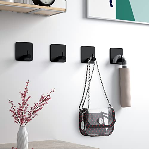 Adhesive Hooks Heavy Duty (6-Pack), Wall Hanging Hooks Hangers for Hat Keys Towel Robe Coats Bathrobes, Metal Sticky Black Wall Hook No Drill Easy to Mount in Bathroom Office Home Kitchen Closet