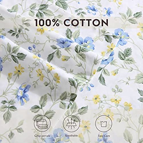 Laura Ashley Home - King Sheets, Soft Sateen Cotton Bedding Set - Sleek, Smooth, & Breathable Home Decor, Meadow Floral Blue