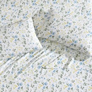 Laura Ashley Home - King Sheets, Soft Sateen Cotton Bedding Set - Sleek, Smooth, & Breathable Home Decor, Meadow Floral Blue