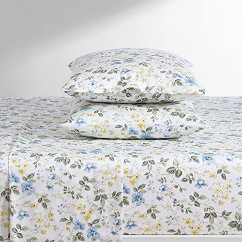 Laura Ashley Home - King Sheets, Soft Sateen Cotton Bedding Set - Sleek, Smooth, & Breathable Home Decor, Meadow Floral Blue