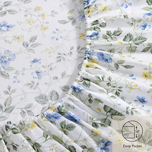 Laura Ashley Home - King Sheets, Soft Sateen Cotton Bedding Set - Sleek, Smooth, & Breathable Home Decor, Meadow Floral Blue