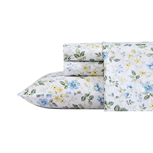 Laura Ashley Home - King Sheets, Soft Sateen Cotton Bedding Set - Sleek, Smooth, & Breathable Home Decor, Meadow Floral Blue