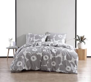marimekko - queen comforter set, cotton bedding with matching shams, lightweight home decor for all seasons (unikko grey, queen)