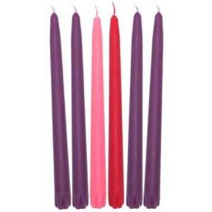 unscented pink, purple, and red tiny taper lenten candle pack, candlesticks for holidays, lent, church celebrations, home decor, and more, set of 6, 10 inches