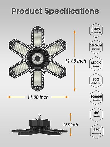 SEOBIOG 2 Pack Plug in Garage Light, Upgraded 200W 20000LM Linkable LED Shop Light, 6500K Ceiling Lights w/ 6 Deformable Panels for Garage, Warehouse, Barn, Basement (Built-in ON/Off Switch)