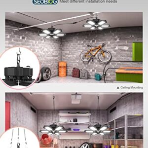 SEOBIOG 2 Pack Plug in Garage Light, Upgraded 200W 20000LM Linkable LED Shop Light, 6500K Ceiling Lights w/ 6 Deformable Panels for Garage, Warehouse, Barn, Basement (Built-in ON/Off Switch)