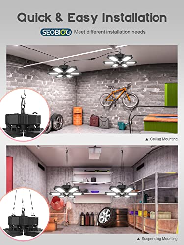 SEOBIOG 2 Pack Plug in Garage Light, Upgraded 200W 20000LM Linkable LED Shop Light, 6500K Ceiling Lights w/ 6 Deformable Panels for Garage, Warehouse, Barn, Basement (Built-in ON/Off Switch)