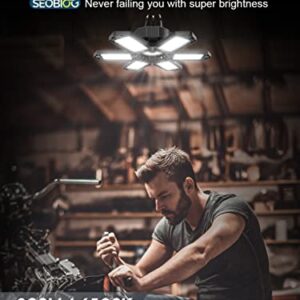 SEOBIOG 2 Pack Plug in Garage Light, Upgraded 200W 20000LM Linkable LED Shop Light, 6500K Ceiling Lights w/ 6 Deformable Panels for Garage, Warehouse, Barn, Basement (Built-in ON/Off Switch)