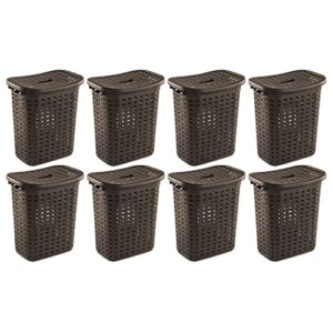 sterilite plastic wicker weave dirty clothes rectangular laundry hamper bin with snag proof interior and lift top lid, brown (8 pack)