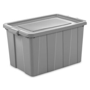 sterilite tuff1 30 gallon plastic stackable temperature and impact resilient basement/garage/attic storage tote container bin with lid, gray (12 pack)