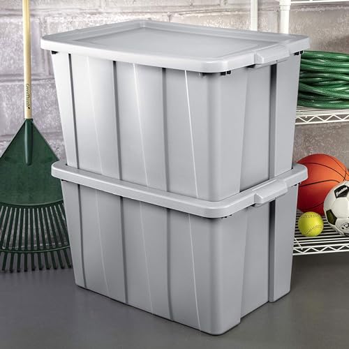 Sterilite Tuff1 30 Gallon Plastic Stackable Temperature and Impact Resilient Basement/Garage/Attic Storage Tote Container Bin with Lid, Gray (12 Pack)