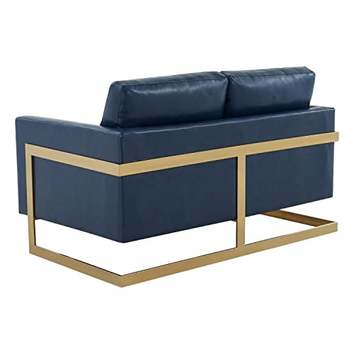 LeisureMod Lincoln Modern Mid-Century Upholstered Leather Loveseat with Gold Frame, Navy Blue