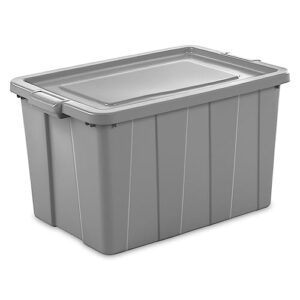 sterilite tuff1 30 gallon plastic stackable temperature and impact resilient basement/garage/attic storage tote container bin with lid, gray (16 pack)