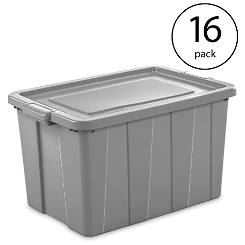 Sterilite Tuff1 30 Gallon Plastic Stackable Temperature and Impact Resilient Basement/Garage/Attic Storage Tote Container Bin with Lid, Gray (16 Pack)