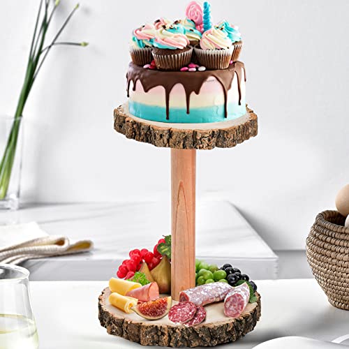 DEAYOU Rustic Cupcake Stand Wood, 2 Tier Cupcake Holder Wood Tiered Tray, Wooden Cupcake Tower Cheese Serving Board, Detachable Wood Slices Slab for Cake, Wedding, Dessert, Party, Display, Decor