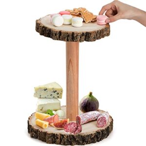 DEAYOU Rustic Cupcake Stand Wood, 2 Tier Cupcake Holder Wood Tiered Tray, Wooden Cupcake Tower Cheese Serving Board, Detachable Wood Slices Slab for Cake, Wedding, Dessert, Party, Display, Decor