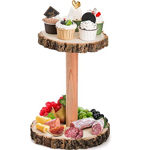 DEAYOU Rustic Cupcake Stand Wood, 2 Tier Cupcake Holder Wood Tiered Tray, Wooden Cupcake Tower Cheese Serving Board, Detachable Wood Slices Slab for Cake, Wedding, Dessert, Party, Display, Decor